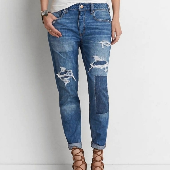 American Eagle Outfitters Denim - AEO High Waisted Distressed Tomgirl Patch Jeans